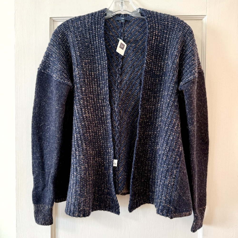 GAP | Navy marled mixed knit 100% lambswool open‑front cardigan XS